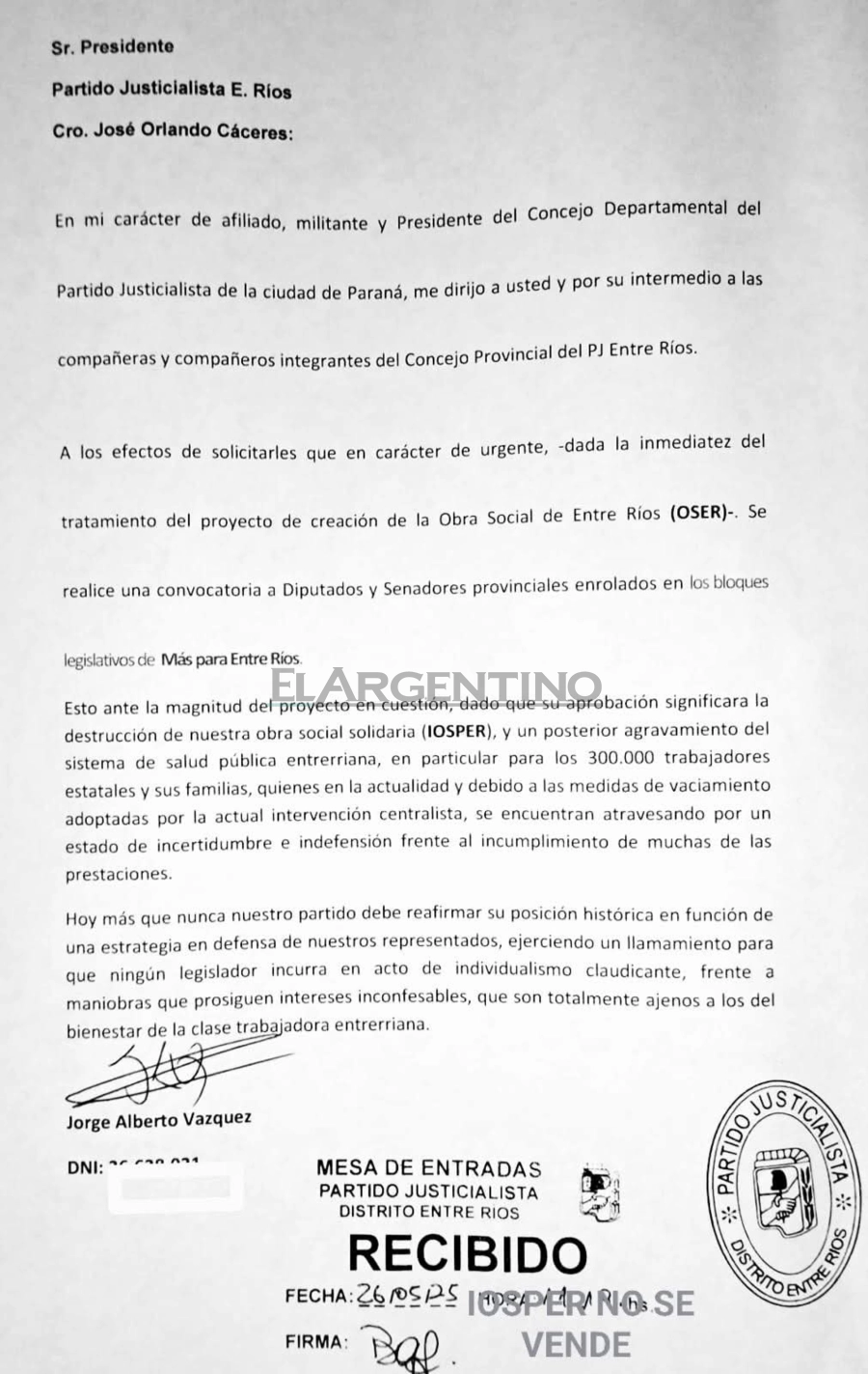 La nota presentada en la mesa de entrada del PJ de Entre Ríos