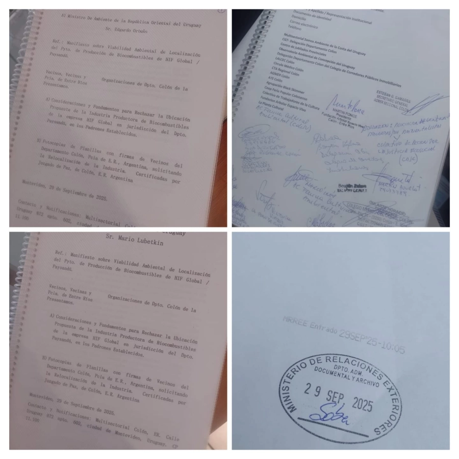 La documentaci&oacute;n entregada a los ministerios de Ambiente y de Relaciones Exteriores de la Rep&uacute;blica Oriental del Uruguay.