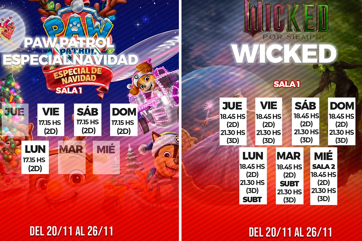 Horarios de las funciones -20 al 26 de noviembre