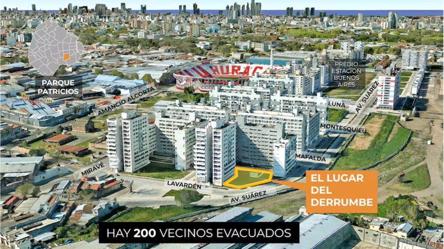 <i>La zona del derrumbe en el complejo de viviendas cercano a la cancha de Hurac&aacute;n, en el barrio de Parque Patricios</i>